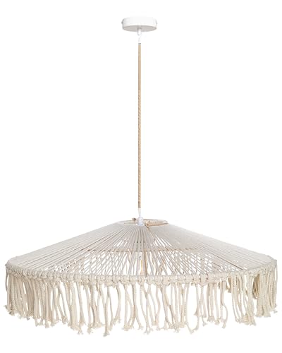 Hängelampe Papiergeflecht beige 1-flammig rund Kegelform mit Fransen Boho Akobo von Beliani