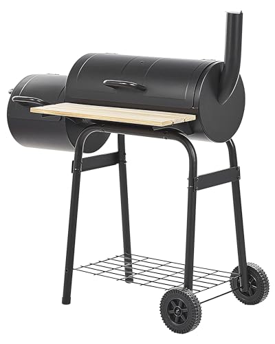 Holzkohlegrill schwarz aus Stahl mit Räucherkammer rollbar Tonnengrill BBQ Satah von Beliani