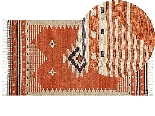Kelim-Teppich Baumwolle orange 80 x 150 cm handgewebt geometrisches Muster Gavar von Beliani