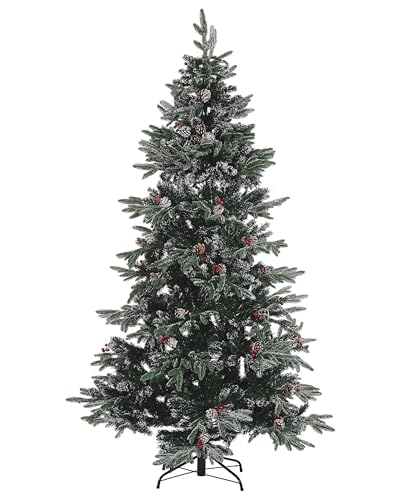 Künstlicher Weihnachtsbaum mit Zapfen Schnee bestreut 210 cm grün/ rot Denali von Beliani