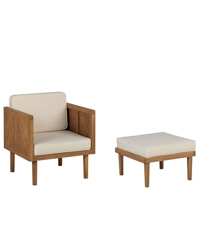 Lounge Sessel mit Ottomane Akazienholz Hellbraun Auflagen beige Rustikal Baratti Lounge Sessel mit Ottomane Akazienholz Hellbraun Auflagen beige Rustikal Baratti von Beliani