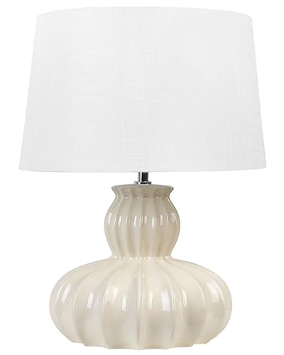 Moderne Tischlampe Glänzend Keramischer Sockel Stoffschirm Wohnzimmer Licht Beige Malabuka von Beliani