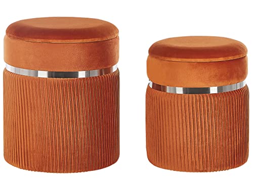 Pouf mit Stauraum rund Samtstoff orange 2er Set Sitzhocker Glamour Camdenton von Beliani