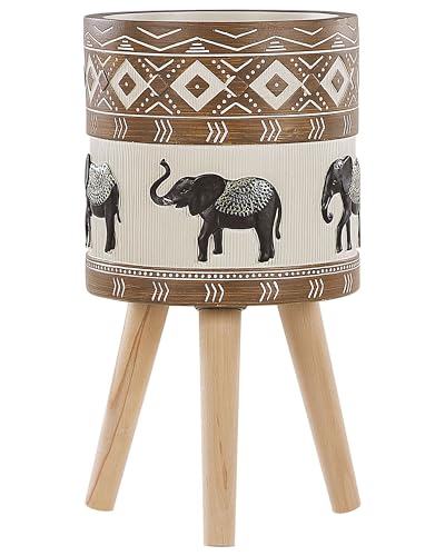 Runder Blumenbehälter in Hellbraun 3 Holzbeinen Elefantenmotiv ⌀ 25 cm Achilio von Beliani