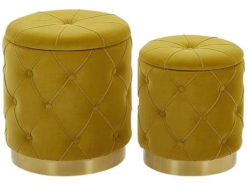 Runder Pouf im 2er Set Samt gelb Ottoman Sitzpouf Chesterfield Stil Pueblo von Beliani