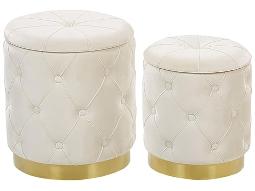 Runder Pouf im 2er Set Samt weiß Ottoman Sitzpouf Chesterfield Stil Pueblo von Beliani