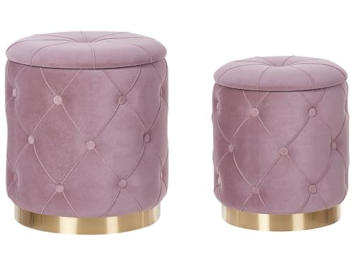 Beliani Runder Pouf im 2er Set aus Samt rosa Ottoman Sitzpouf Chesterfield Stil Pueblo von Beliani