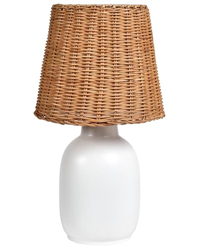 Tischlampe Keramik weiß mit Rattan Schirm geflochten Boho Stil Bartang von Beliani