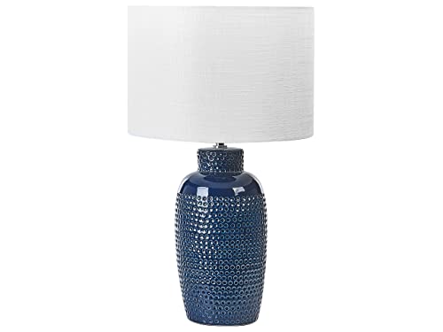 Tischlampe aus Keramik Nachttischlampe weißer Trommelschirm handgefertigt Marineblau Perlis von Beliani