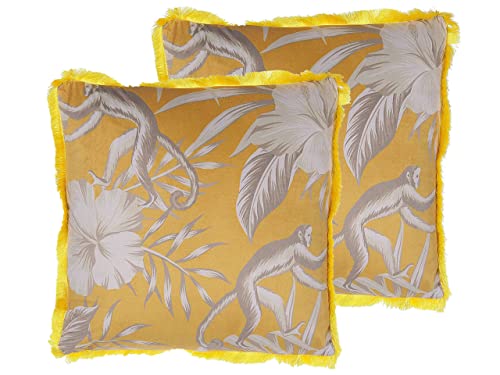 Trendy Dekokissen im 2er Set Affenmotiv 45 x 45 cm Polsterbezug gelb / weiß Manju von Beliani