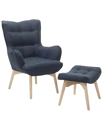 Ohrensessel mit Hocker Stoffbezug dunkles Blau Holzbeine Chesterfield Stil Vejle von Beliani