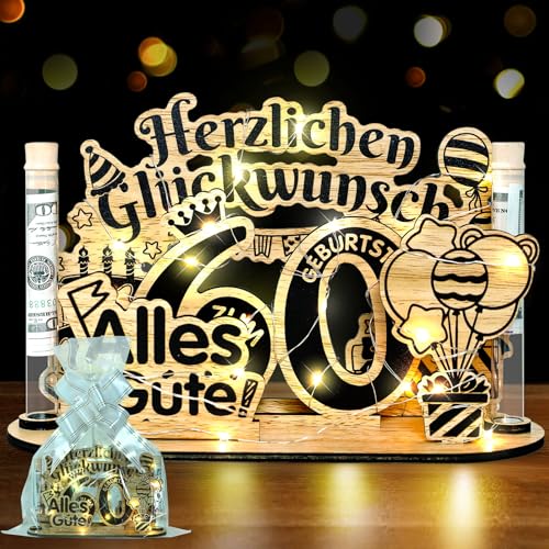 Belillpipi 60. Geburtstag Deko Holz Set – Geburtstagsdeko aus Holz mit LED Lichterkette, Geldgeschenke Geburtstag Alles Gute Schild für Frauen & Männer – Geschenkidee zum 60 Geburtstag von Belillpipi