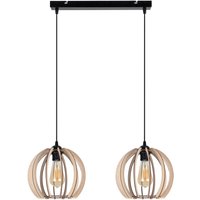 Längliche Hängelampe Holz Metall E27 2-flammig L:60 cm von Belis