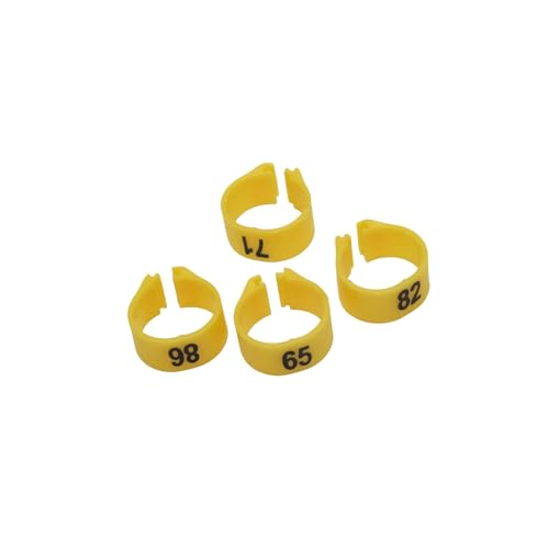 Fußringe für Haustiere aus Kunststoff, Innendurchmesser 12 mm, 14 mm, Papageien-Clipring, Brieftauben-Markierungsring, Nummer 1 bis 100,Gelb,14 mm - 100 Stück von Belivceng