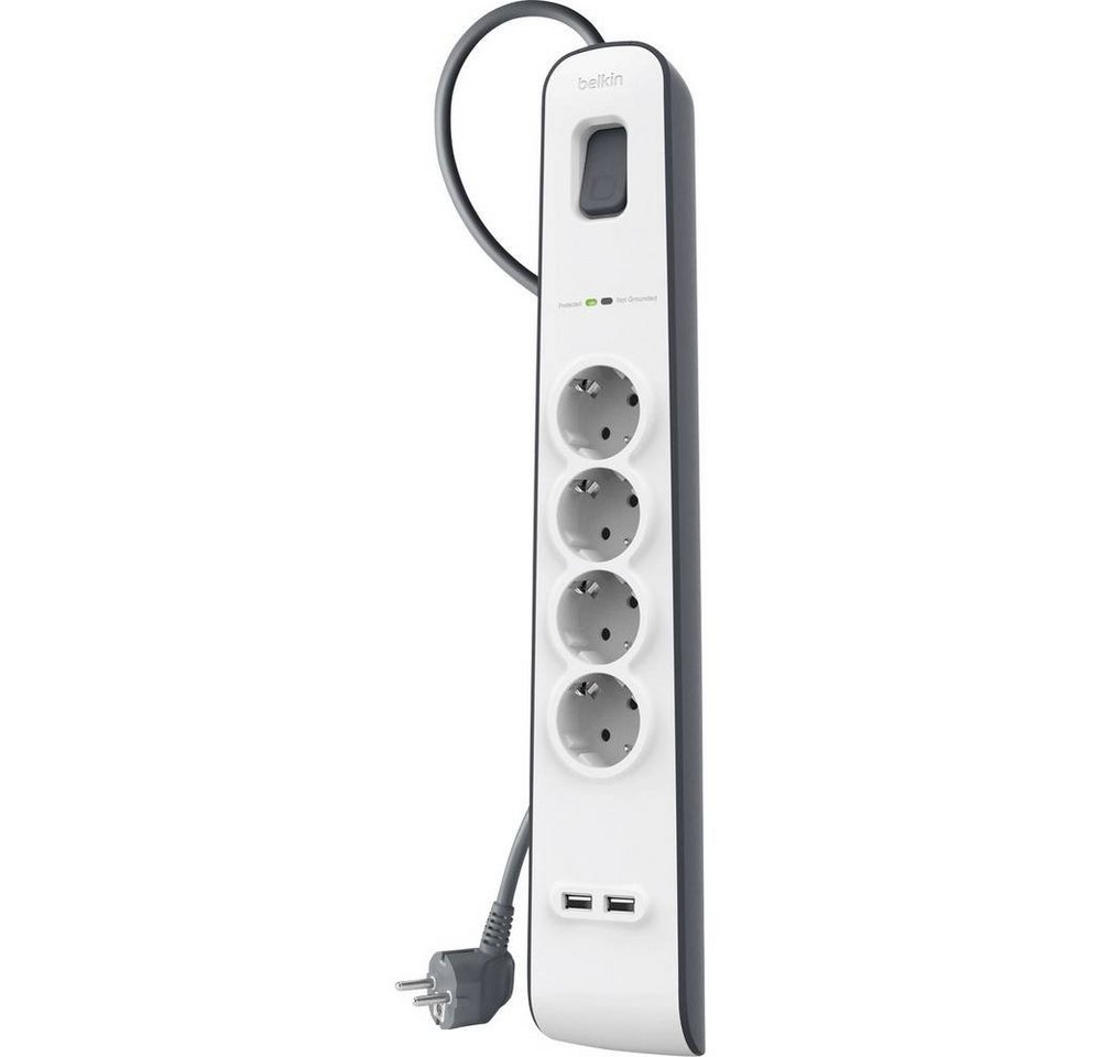 Belkin 4fach Überspannungsschutz-Steckdosenleiste 2x USB Steckdosenleiste, erhöhter Berührungsschutz, Überspannungsschutz, mit USB, mit Schalter von Belkin