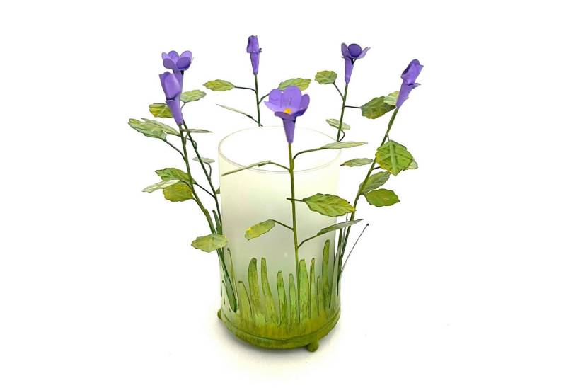 Bell Arte Teelichthalter Windlicht Lila Blüten Grün Sommerlich Metall Glas 25 cm von Bell Arte