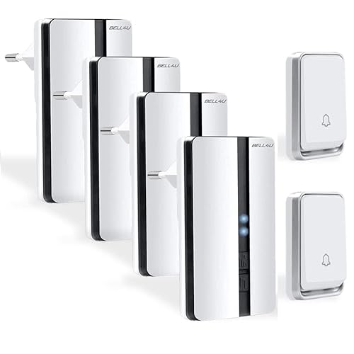 Bell4U Funk Türklingel Set mit 4 Plug-in-Empfängern und 2 Sendern – Kabellos, Batterielos & Wasserdicht – 200m Reichweite – Haustürklingel Außen, 51 Melodien, 4 Lautstärkestufen Bell4U Funk Türklingel Set mit 4 Plug-in-Empfängern und 2 Sendern – Kabellos, Batterielos & Wasserdicht – 200m Reichweite – Haustürklingel Außen, 51 Melodien, 4 Lautstärkestufen von Bell4U