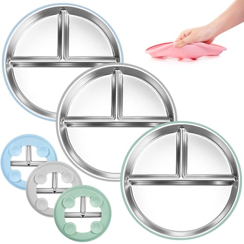 Bella's Friends Edelstahl-Silikon-Saugplatten, 3-Packungen rutschfeste Platten, geteilter Teil, lebensmittelechte Silikon-Hülsenplatte, bleifreie Spülmaschine sicher, blau grün grau von Bella's Friends