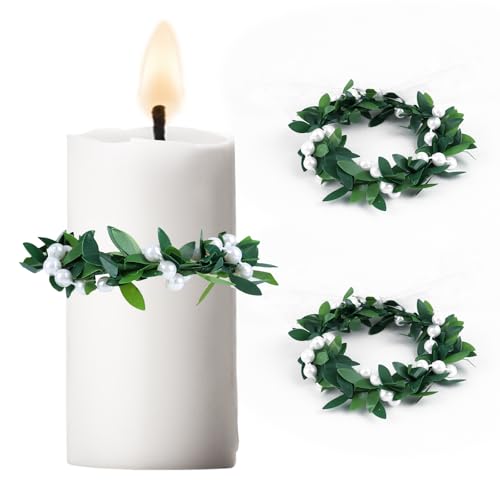 2 Stück Kerzen Tropfschutz für Kommunion & Taufe – Tropfenfänger Kerzenkranz aus Kunstblättern (4-5 cm Durchmesser) – Dekorative Kerzenringe für Taufkerzen, Hochzeiten & Feiern (Die Perle A) von BellaGesundheit