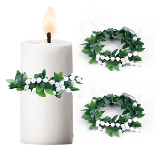 2 Stück Kerzen Tropfschutz für Kommunion & Taufe – Tropfenfänger Kerzenkranz aus Kunstblättern (4-5 cm Durchmesser) – Dekorative Kerzenringe für Taufkerzen, Hochzeiten & Feiern (Die Perle B) von BellaGesundheit