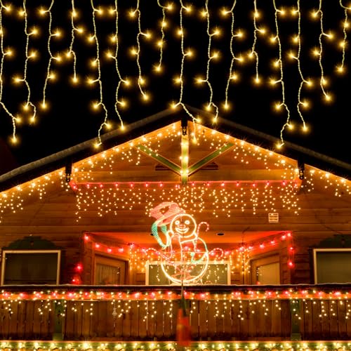 BellaGesundheit 15m 600 LED Warmweiß Eiszapfen-Lichterkette, IP44 wassergeschützt, 8 Beleuchtungsmodi mit Timer für Innen, Außenbereich, Weihnachten, Hochzeiten, Partys (15m) von BellaGesundheit