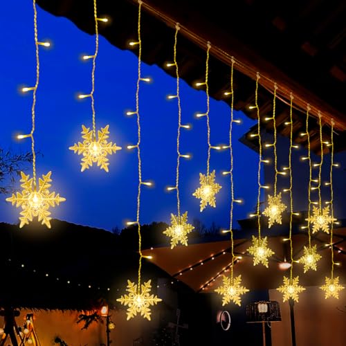 BellaGesundheit Schneeflocke LED Lichtvorhang, 3.6 m Feen Lichter mit 94 Warm White LEDs, 8 Flicker Modes, Wasserdichte Innen/Außen Weihnachtsdekoration für Fenster, Balkon, Party von BellaGesundheit