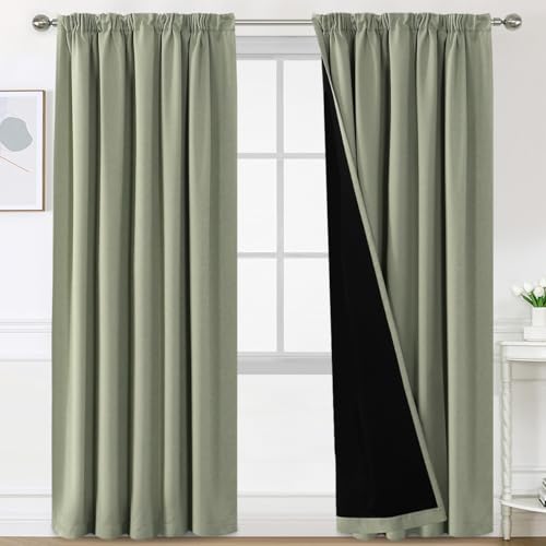 BellaHills 100% Blickdicht Vorhang mit Kräuselband 2er Set H240 x B132 cm Schlafzimmer Gardinen Blickdicht Verdunklungsvorhänge Thermal Curtains Blackout Vorhang, Salbei Hell von BellaHills