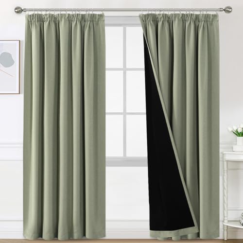 BellaHills 100% Blickdicht Vorhang mit Kräuselband 2er Set H260 x B140 cm Schlafzimmer Gardinen Blickdicht Verdunklungsvorhänge Thermal Curtains Blackout Vorhang, Salbei Hell von BellaHills
