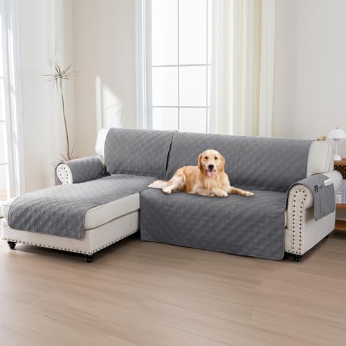 BellaHills 100% Wasserdicht Sofabezug L Form (247cm), Ecksofa Sofa Überzug Anti-rutsch Sofaschutz, Ultra Weicher Sofaschoner mit Gummiband, Grau von BellaHills