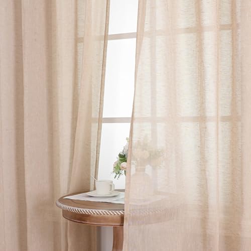 BellaHills Gardinen Leinenoptik Wohnzimmer Vorhänge Kurz 2er Set H 122 x B 140 cm Leinenvorhang Halbtransparent Thermovorhang mit Ösen Vorhang Leinen für Wohnzimmer, Natur von BellaHills