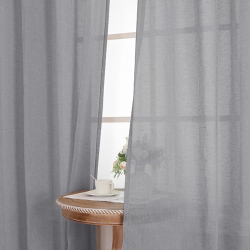 BellaHills Gardinen Semi-Sheer Linen Vorhang mit Ösen 2er Set H 260 x B 140 cm, Halbtransparent Thermovorhang Ösenschal Fensterschal Vorhänge Blickdicht für Schlafzimmer Wohnzimmer, Grau von BellaHills