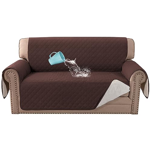 BellaHills Sofabezug, 100 % wasserdicht, Sofabezüge, 2-Sitzer-Couchbezüge, Sofa-Schonbezüge mit elastischen Bändern, dreifach, rutschfeste Sofabezug, Möbelschutz für Kinder (Loveseat 137,2 cm, Braun) von BellaHills