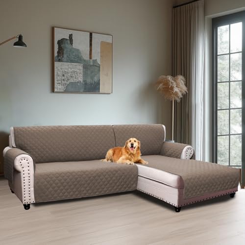 BellaHills Sofabezug L Form 3 Sitzer (247cm), Couch Überzug L Form Mit Armlehne, Ecksofa Bezug Rechts Für Hund Katze, Sofa Überzug Eckcouch rutschfest Sofa Auflage für Wohnzimmer, Taupe von BellaHills