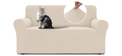 BellaHills Stretch Sofa Überzug 2 Sitzer (135-165cm), Couchschoner rutschfest Mit Armlehne, Elastische Sofahusse, Decke Sofa Schutz Für Hunde, Natur von BellaHills