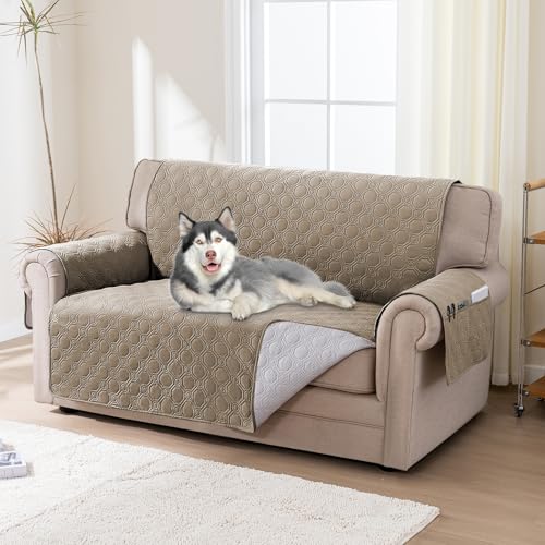 BellaHills Wasserdicht Sofaüberzug 2 Sitzer (51x120cm), Wendbarer Sesselschoner für Kinder Hunde Katze, Möbelschutz Couchbezug mit Gummiband, Taupe von BellaHills