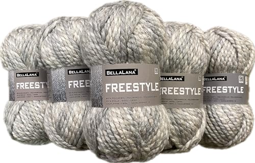 Wollkontor, BellaLana FREESTYLE, 80% Polyacryl, 20% Wolle, 5x100g, Längsknäuel, Lauflänge: ca. 60m, Nadelstärke: 10,0mm (silber/natur/weiß) von BellaLana