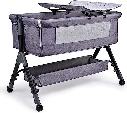 Bellababy Beistellbett Baby,Bett Bassinet/Babybett/Babywiege, Einfache Faltbare Tragbare Krippe mit Wickeltisch, Verstellbare Tragbare Bett für Säugling/Neugeborene (Dunkelgrau) von Bellababy