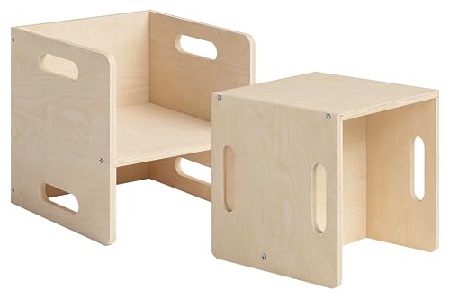 Bellabino AKI Wendehocker 2er Set Birke Natur, Sitzhocker Kinderzimmer 180 Grad drehbar, Montessori Kinderstuhl Holz mit 3 Sitzhöhen, 2in1 Kinderhocker und Beistelltisch von Bellabino