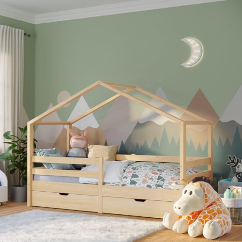 Bellabino Abia Kinderbett 90x200 cm – Hausbett mit Matratze, Rausfallschutz, Lattenrost & 2 Schubladen – Montessori Kinder Bett aus Massivholz Kiefer für Jungen und Mädchen in Natur Bellabino Abia Kinderbett 90x200 cm – Hausbett mit Matratze, Rausfallschutz, Lattenrost & 2 Schubladen – Montessori Kinder Bett aus Massivholz Kiefer für Jungen und Mädchen in Natur von Bellabino