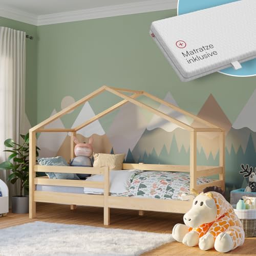 Bellabino Abia Kinderbett 90x200 cm – Hausbett mit Matratze, Rausfallschutz & Lattenrost – Montessori Kinder Bett aus Massivholz Kiefer für Jungen und Mädchen in Natur von Bellabino