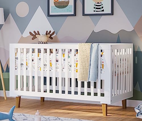 Bellabino Babybett Liri 70x140 cm weiß/Natur, Gitterbett für Kinder und Baby aus Kiefer Massivholz, Kinderbett 3-Fach höhenverstellbar inkl. Lattenrost von Bellabino