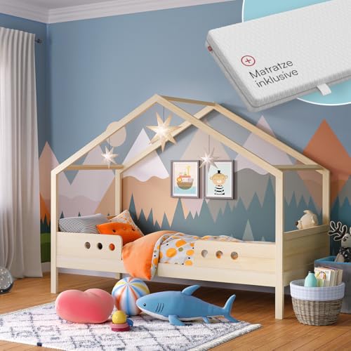 Bellabino Bela Kinderbett 90x200 cm – Hausbett mit Matratze, Rausfallschutz & Lattenrost – Kinder Bett für Jungen und Mädchen aus Massivholz Kiefer – Montessori Kinderhausbett in Natur von Bellabino
