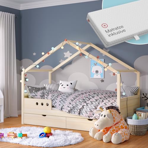 Bellabino Bela Hausbett 90x200 cm für Kinder mit großer Schublade, Kinderbett mit Rausfallschutz, Kleinkinderbett und Jugendbett in Natur unbehandelt aus Massivholz inkl. Lattenrost und Matratze Bellabino Bela Hausbett 90x200 cm für Kinder mit großer Schublade, Kinderbett mit Rausfallschutz, Kleinkinderbett und Jugendbett in Natur unbehandelt aus Massivholz inkl. Lattenrost und Matratze von Bellabino
