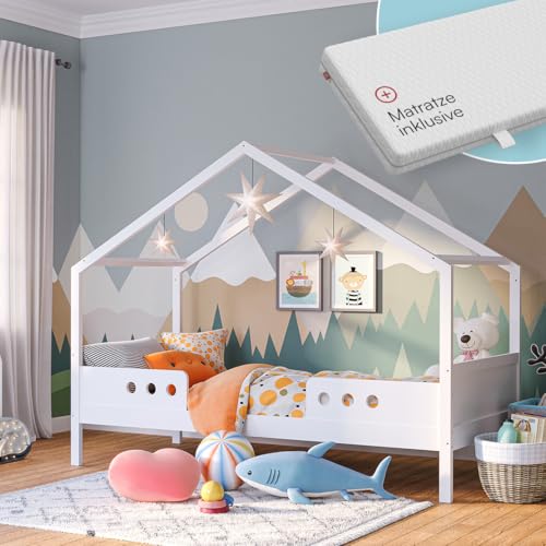Bellabino Bela Kinderbett 90x200 cm – Hausbett mit Matratze, Rausfallschutz & Lattenrost – Kinder Bett für Jungen und Mädchen aus Massivholz Kiefer – Montessori Kinderhausbett in Weiß von Bellabino