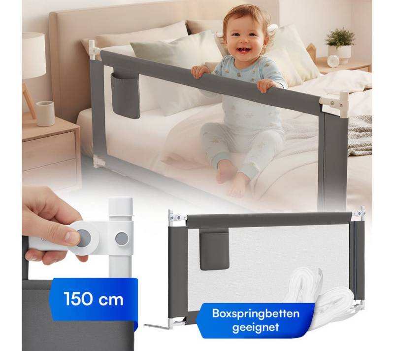 Bellabino Bettschutzgitter Drina höhenverstellbar 69–99 cm (Dunkelgrau, mit Sicherheitsgurt), für Boxspringbetten geeignet, klappbar, verfügbar in B 150/180/200 cm von Bellabino