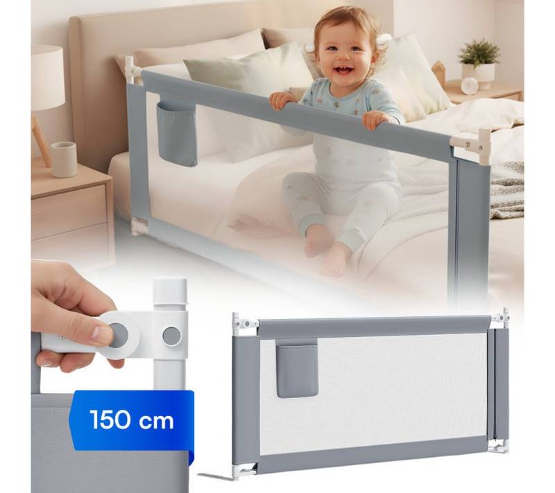 Bellabino Bettschutzgitter Drina höhenverstellbar 69–99 cm (Hellgrau), Rausfallschutz, klappbar & kombinierbar, verfügbar in B 150/180/200 cm von Bellabino