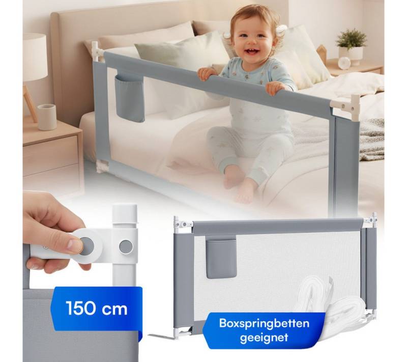 Bellabino Bettschutzgitter Drina höhenverstellbar 69–99 cm (Hellgrau, mit Sicherheitsgurt), für Boxspringbetten geeignet, klappbar, verfügbar in B 150/180/200 cm von Bellabino