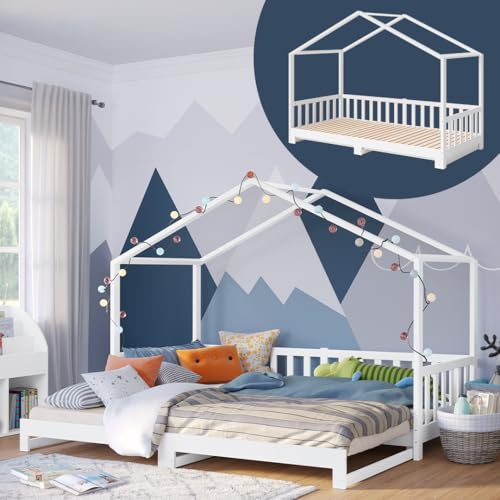 Bellabino Bia Kinderbett 90x200 cm – Hausbett ausziehbar auf 180x200 cm mit Lattenrost – Montessori Kinder Bett aus Massivholz Kiefer – Bett für Jungen und Mädchen inkl. Ausziehbett Bellabino Bia Kinderbett 90x200 cm – Hausbett ausziehbar auf 180x200 cm mit Lattenrost – Montessori Kinder Bett aus Massivholz Kiefer – Bett für Jungen und Mädchen inkl. Ausziehbett von Bellabino