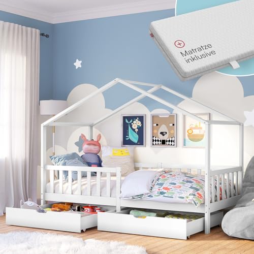 Bellabino Bia Kinderbett 90x200 cm – Hausbett mit Matratze, Rausfallschutz, Lattenrost & 2 Schubladen – Montessori Kinder Bett aus Massivholz Kiefer – Bett für Jungen und Mädchen mit Stauraum in Weiß von Bellabino