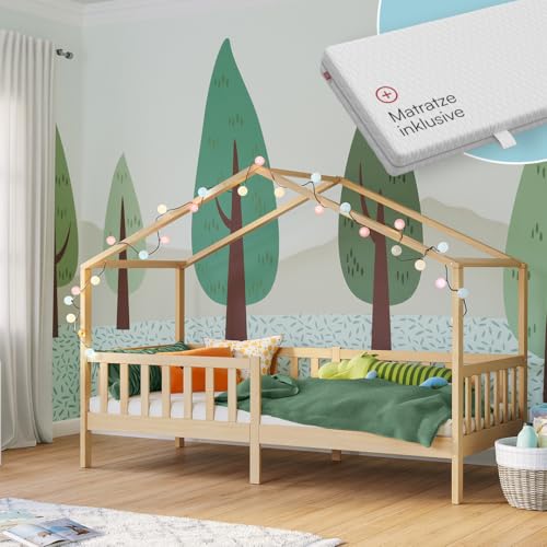 Bellabino Bia Kinderbett 90x200 cm – Hausbett mit Matratze, Rausfallschutz & Lattenrost – Montessori Bodenbett aus Massivholz Kiefer – Kinder Bett in Natur für Jungen und Mädchen Bellabino Bia Kinderbett 90x200 cm – Hausbett mit Matratze, Rausfallschutz & Lattenrost – Montessori Bodenbett aus Massivholz Kiefer – Kinder Bett in Natur für Jungen und Mädchen von Bellabino